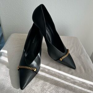 Charles & Keith black leather women heels with chain design size 38